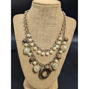 Vintage 2 Strand Gold Tone Faux Pearl Wood Charm Dangle Necklace
